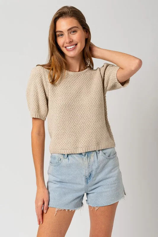 TEEK - Oatmeal Puff Sleeve Round Neck Textured Sweater Top