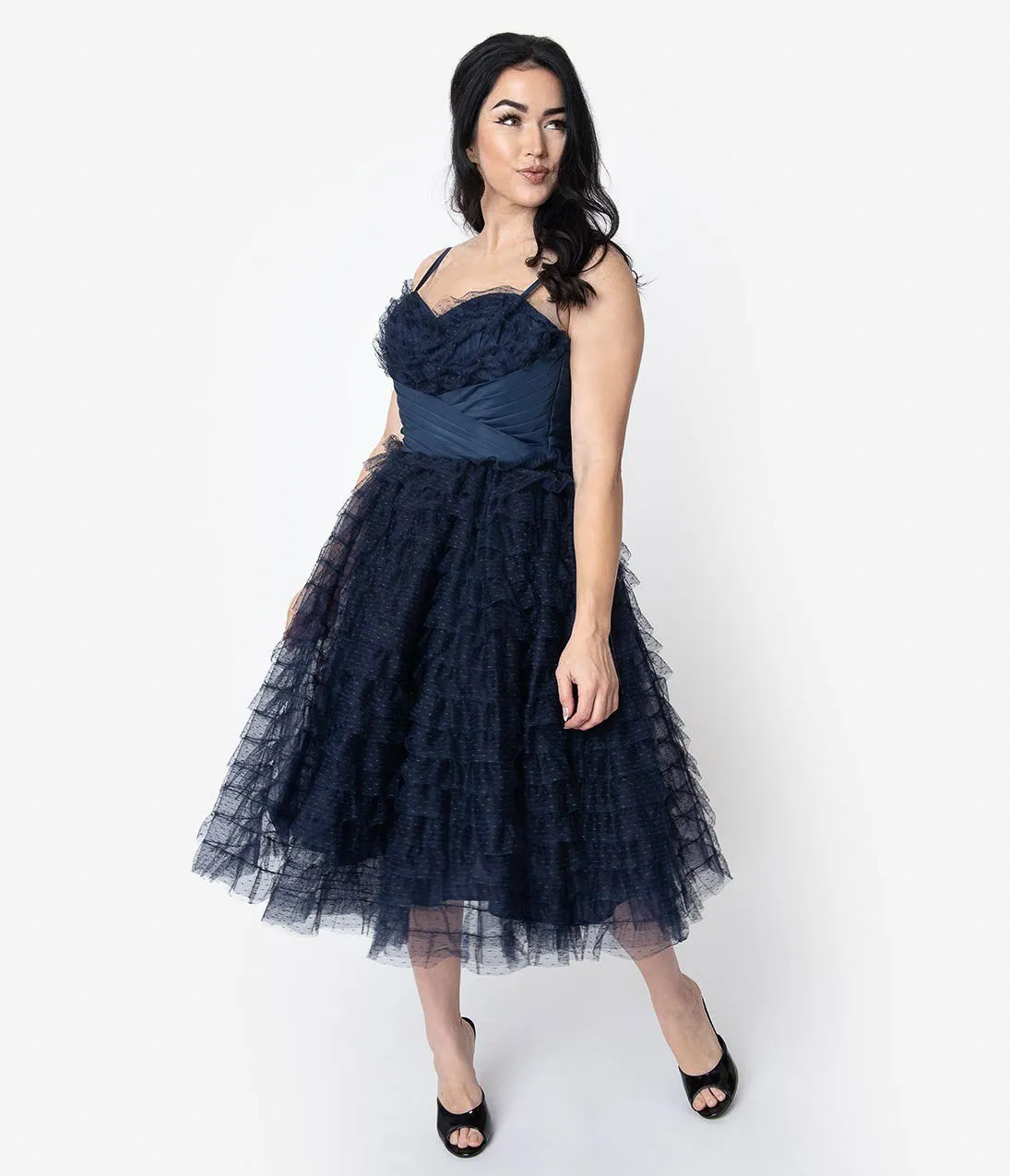 Unique Vintage 1950s Navy Ruffled Tulle Sweetheart Cupcake Swing Dress