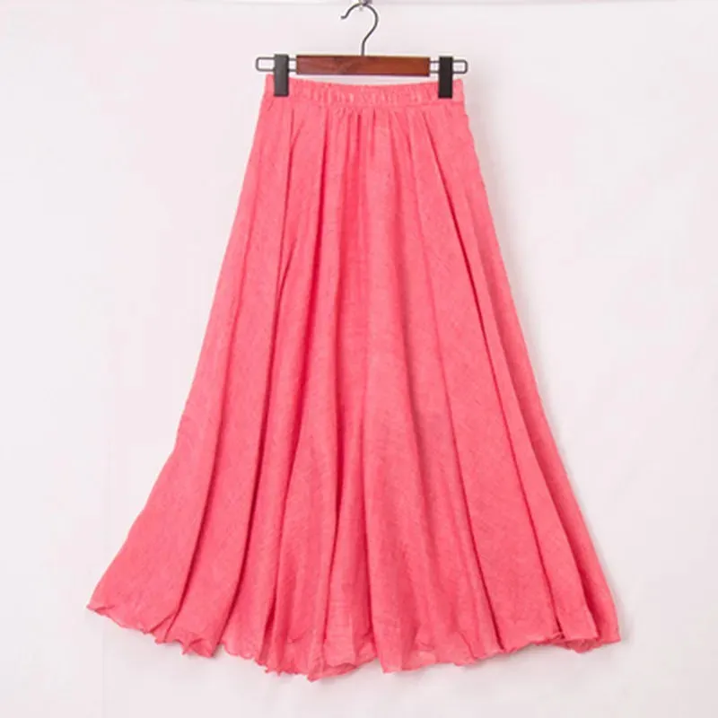 Uniwim High Quality Cotton Linen Maxi Skirt Womens Casual Elastic High Waist Pleated A-Line Beach Skirts Boho Saia Feminina Faldas Jupe