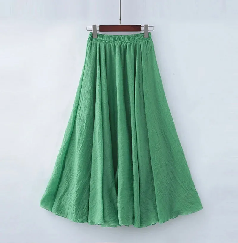 Uniwim High Quality Cotton Linen Maxi Skirt Womens Casual Elastic High Waist Pleated A-Line Beach Skirts Boho Saia Feminina Faldas Jupe