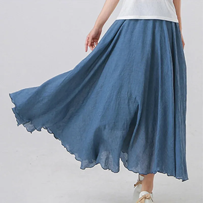 Uniwim High Quality Cotton Linen Maxi Skirt Womens Casual Elastic High Waist Pleated A-Line Beach Skirts Boho Saia Feminina Faldas Jupe