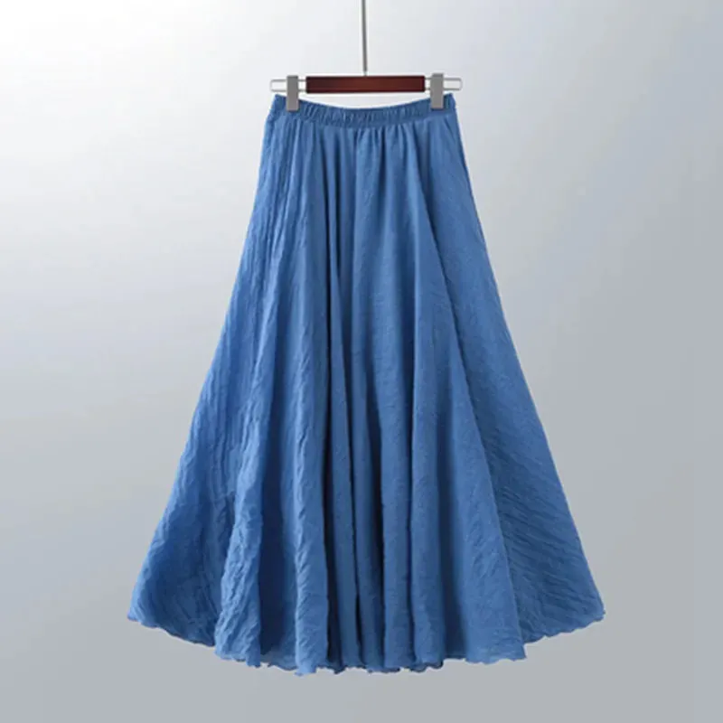 Uniwim High Quality Cotton Linen Maxi Skirt Womens Casual Elastic High Waist Pleated A-Line Beach Skirts Boho Saia Feminina Faldas Jupe