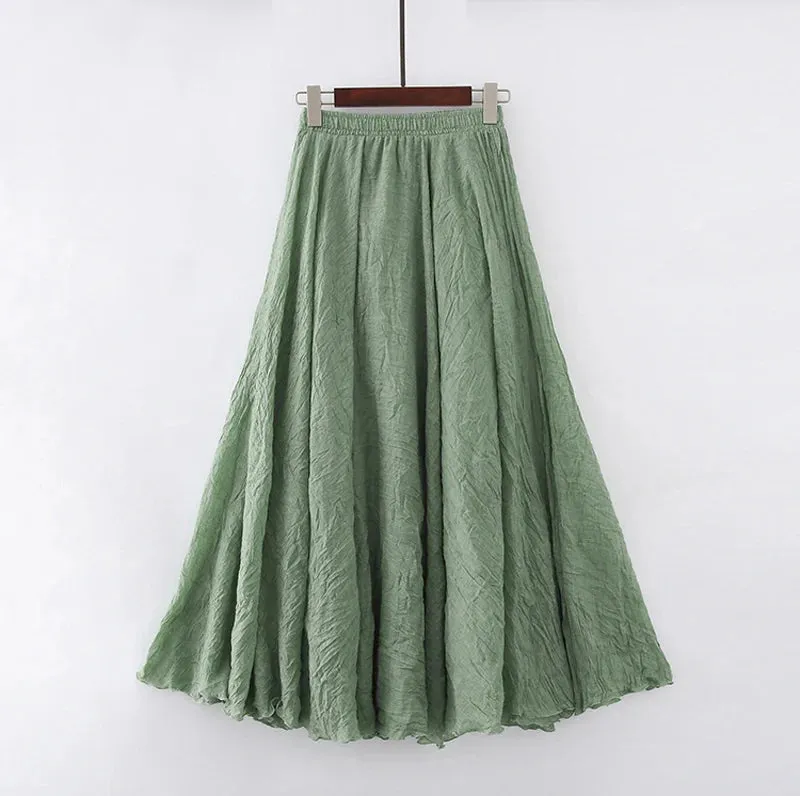 Uniwim High Quality Cotton Linen Maxi Skirt Womens Casual Elastic High Waist Pleated A-Line Beach Skirts Boho Saia Feminina Faldas Jupe