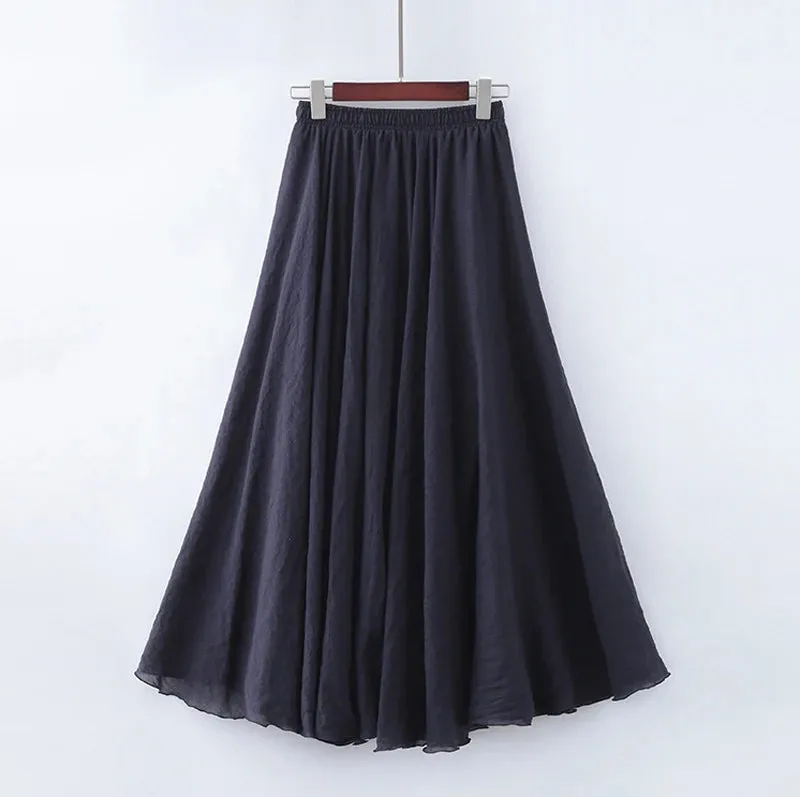 Uniwim High Quality Cotton Linen Maxi Skirt Womens Casual Elastic High Waist Pleated A-Line Beach Skirts Boho Saia Feminina Faldas Jupe