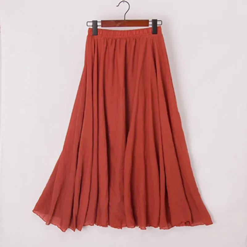 Uniwim High Quality Cotton Linen Maxi Skirt Womens Casual Elastic High Waist Pleated A-Line Beach Skirts Boho Saia Feminina Faldas Jupe