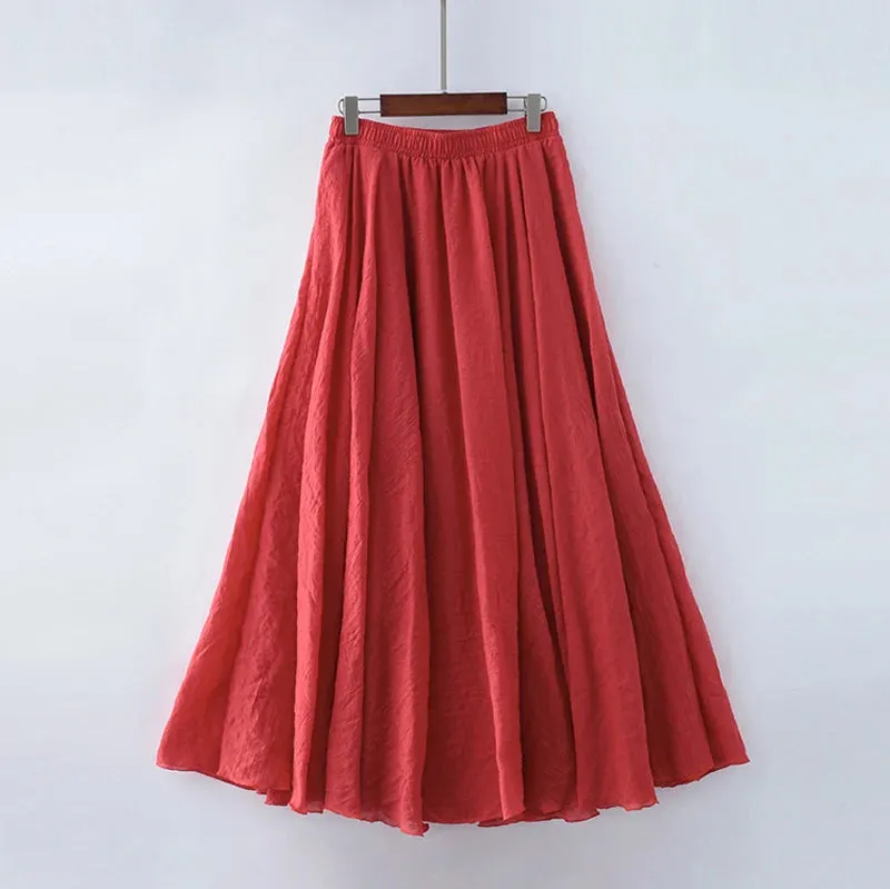 Uniwim High Quality Cotton Linen Maxi Skirt Womens Casual Elastic High Waist Pleated A-Line Beach Skirts Boho Saia Feminina Faldas Jupe