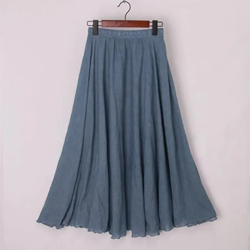 Uniwim High Quality Cotton Linen Maxi Skirt Womens Casual Elastic High Waist Pleated A-Line Beach Skirts Boho Saia Feminina Faldas Jupe