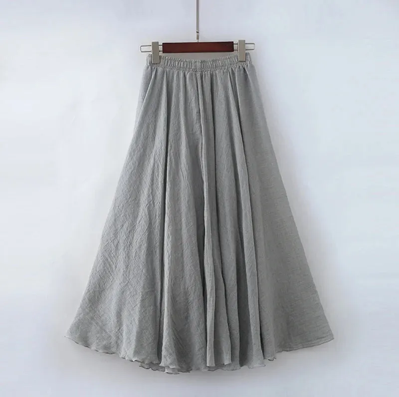 Uniwim High Quality Cotton Linen Maxi Skirt Womens Casual Elastic High Waist Pleated A-Line Beach Skirts Boho Saia Feminina Faldas Jupe