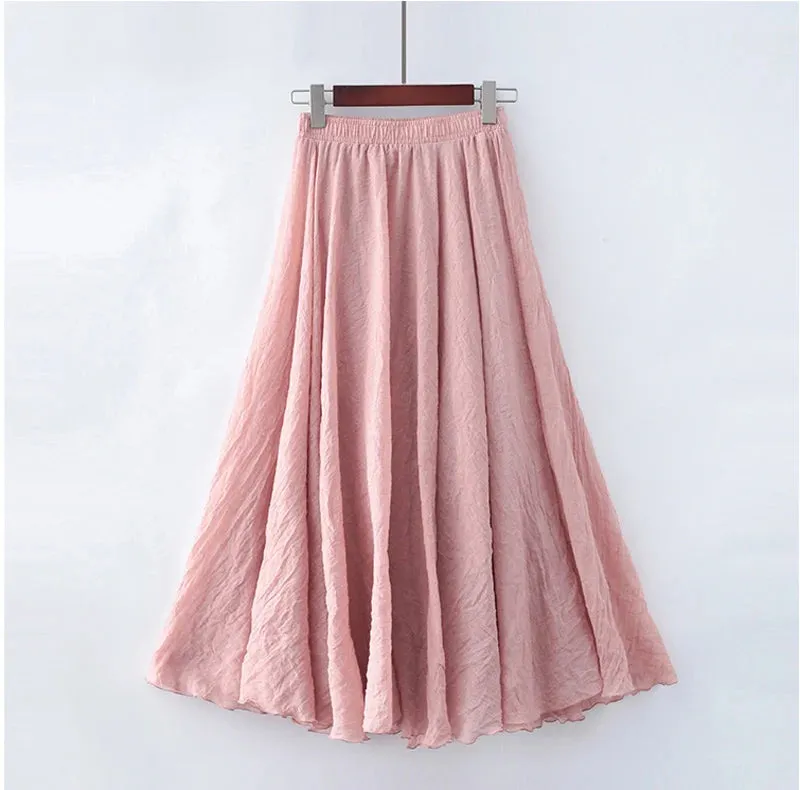 Uniwim High Quality Cotton Linen Maxi Skirt Womens Casual Elastic High Waist Pleated A-Line Beach Skirts Boho Saia Feminina Faldas Jupe