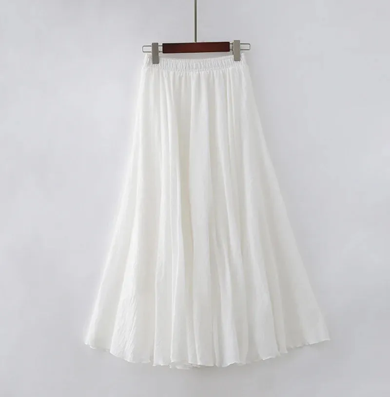 Uniwim High Quality Cotton Linen Maxi Skirt Womens Casual Elastic High Waist Pleated A-Line Beach Skirts Boho Saia Feminina Faldas Jupe