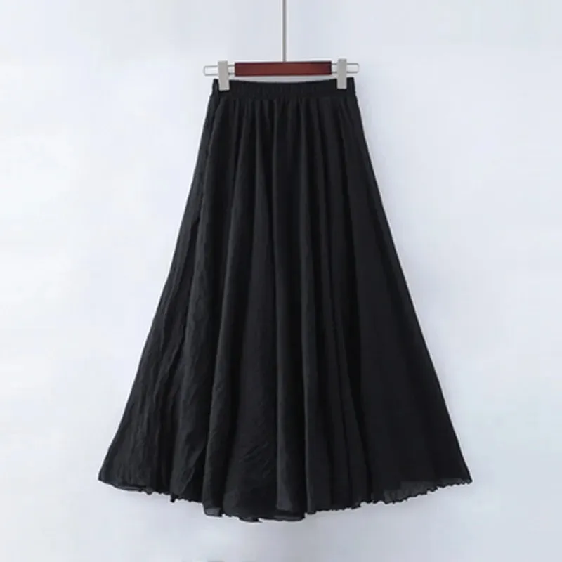 Uniwim High Quality Cotton Linen Maxi Skirt Womens Casual Elastic High Waist Pleated A-Line Beach Skirts Boho Saia Feminina Faldas Jupe