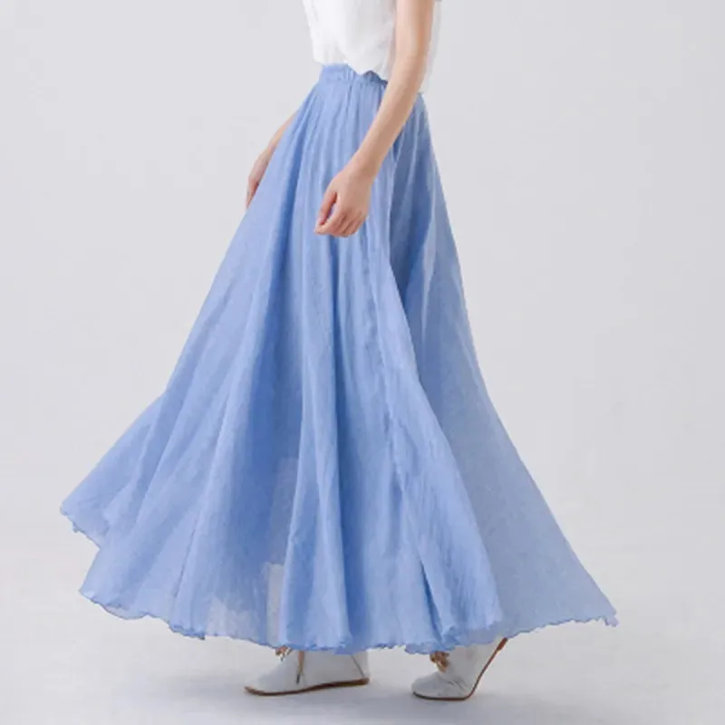 Uniwim High Quality Cotton Linen Maxi Skirt Womens Casual Elastic High Waist Pleated A-Line Beach Skirts Boho Saia Feminina Faldas Jupe