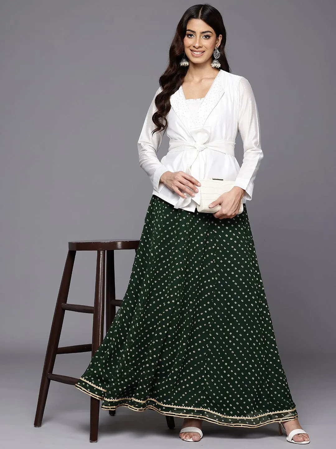 Varanga Women Green Bandhani Printed Gota Embellished Skirt