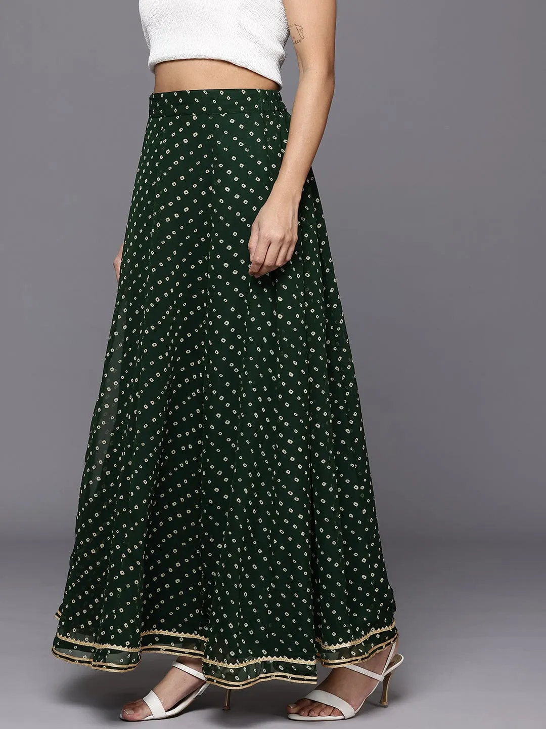 Varanga Women Green Bandhani Printed Gota Embellished Skirt