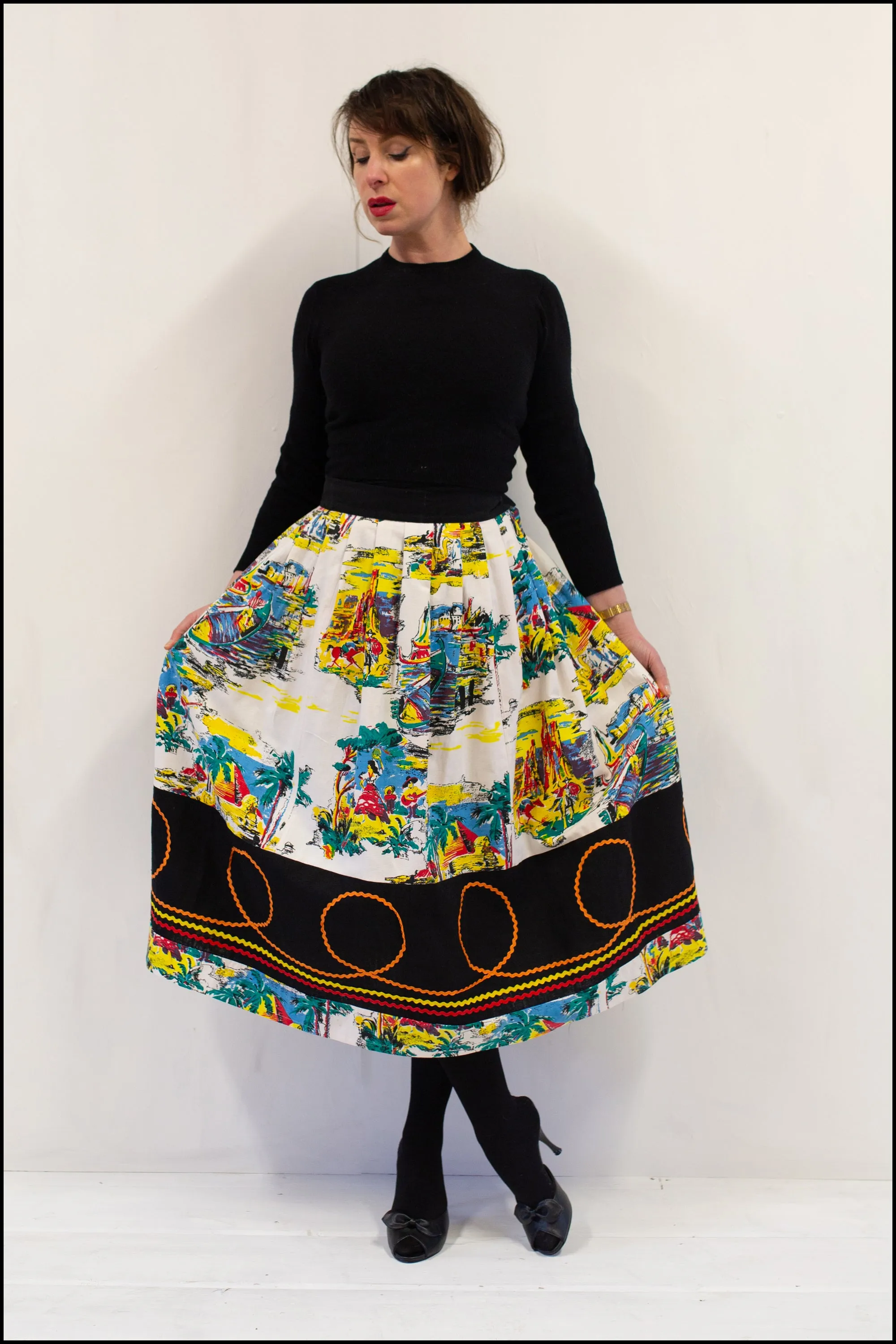 Vintage 1950s World Travel Print Midi Skirt