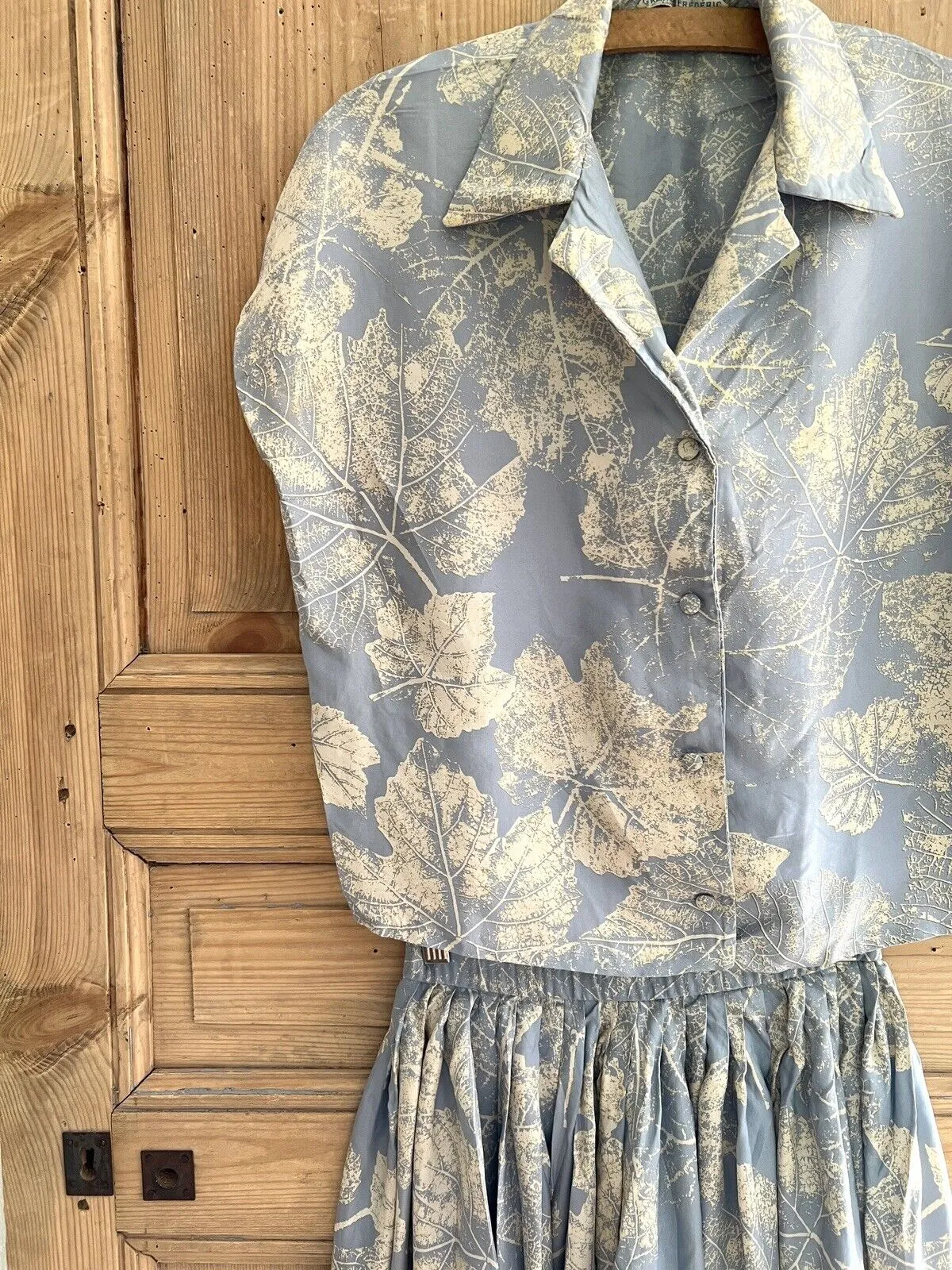 Vintage French woman BLUE SILK SET blouse PLEATED skirt c1950