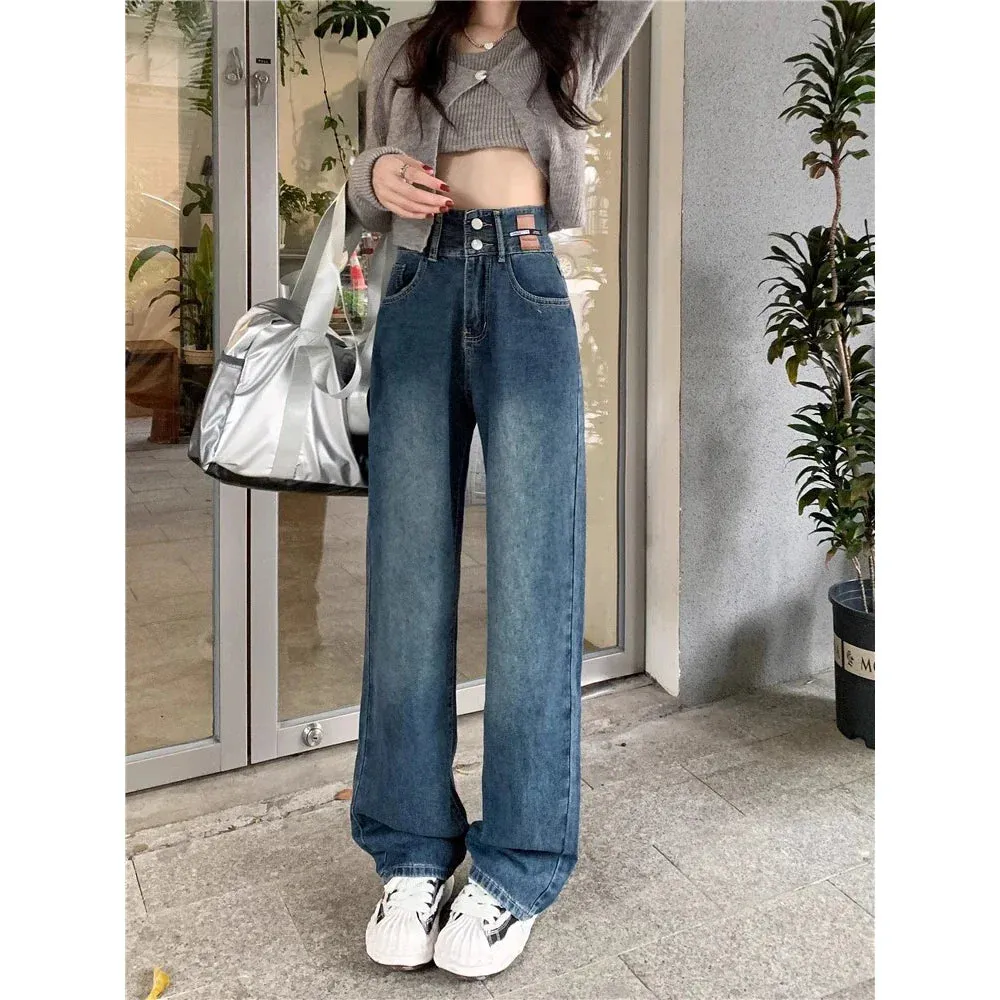 Vintage High-waisted Straight Female Spring New Thin Versatile Trailing Wide-Legged Jeans