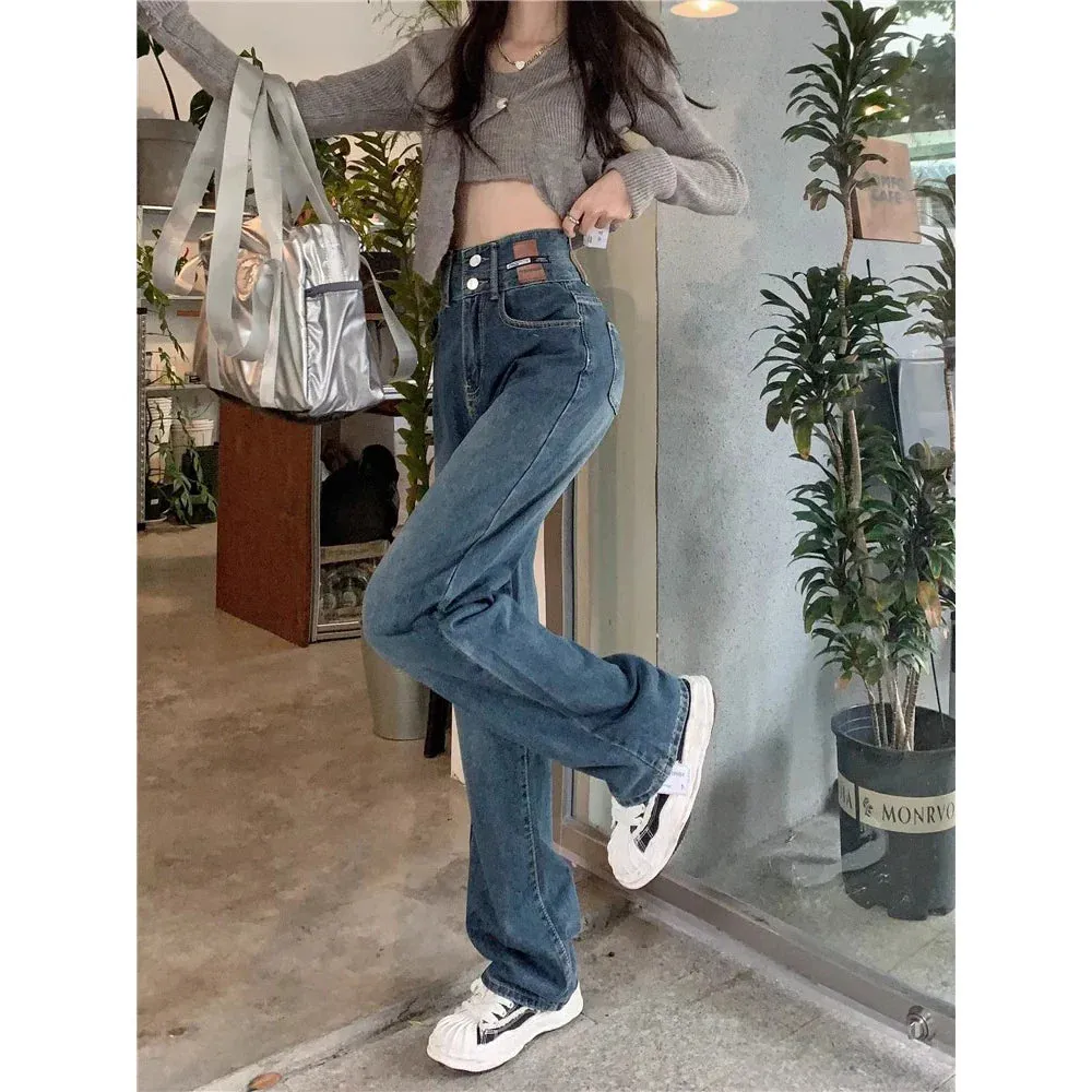 Vintage High-waisted Straight Female Spring New Thin Versatile Trailing Wide-Legged Jeans