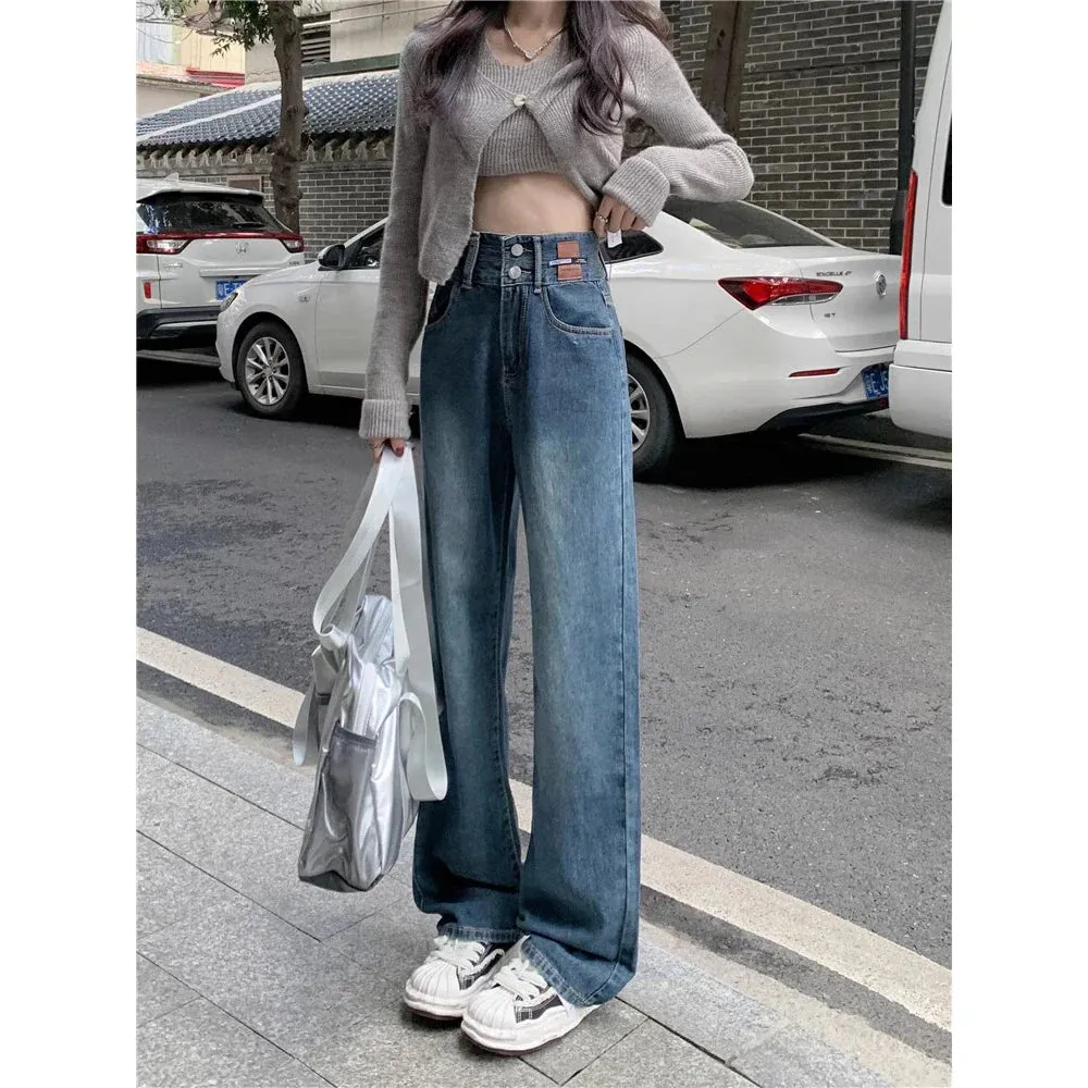 Vintage High-waisted Straight Female Spring New Thin Versatile Trailing Wide-Legged Jeans