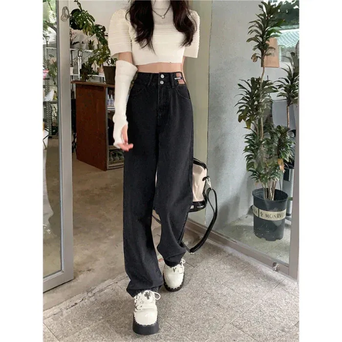 Vintage High-waisted Straight Female Spring New Thin Versatile Trailing Wide-Legged Jeans