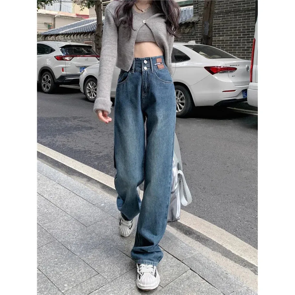 Vintage High-waisted Straight Female Spring New Thin Versatile Trailing Wide-Legged Jeans