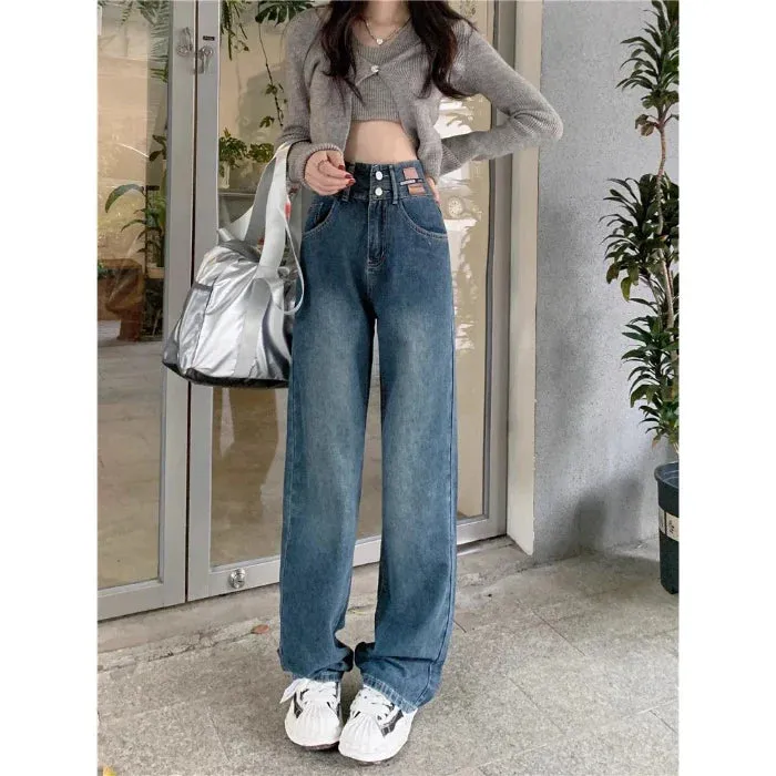 Vintage High-waisted Straight Female Spring New Thin Versatile Trailing Wide-Legged Jeans