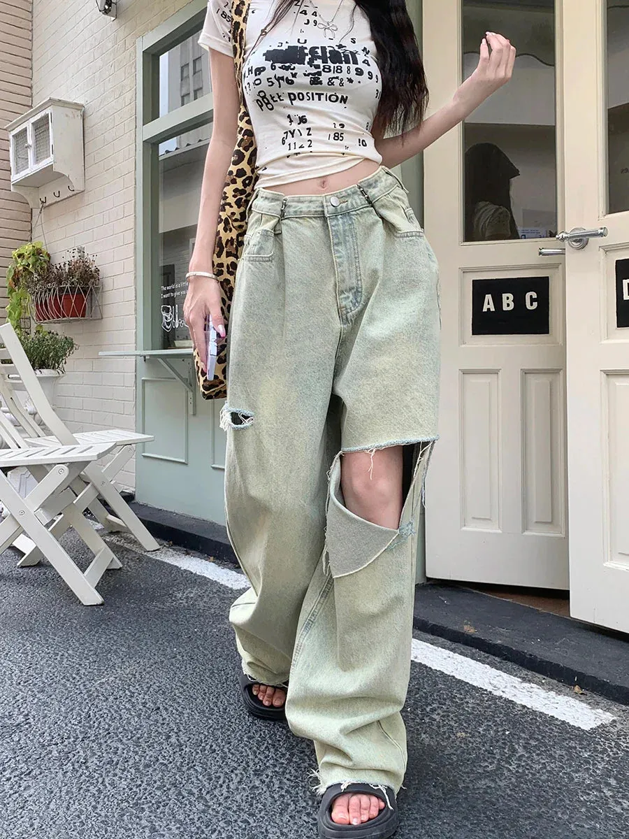 Vintage Washed Women's High Waist Y2k Streetwear Boyfriend Loose Raw Hem Straight Wide-Leg Jeans