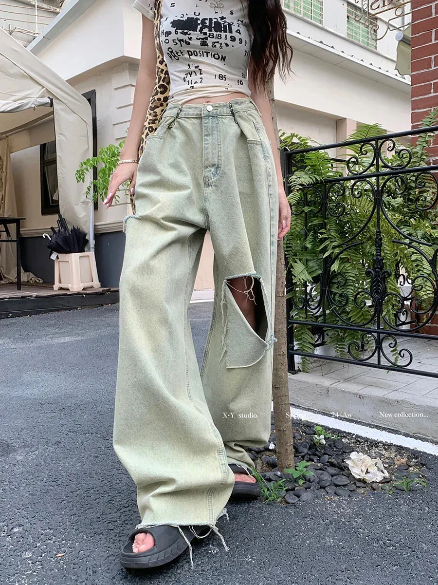 Vintage Washed Women's High Waist Y2k Streetwear Boyfriend Loose Raw Hem Straight Wide-Leg Jeans