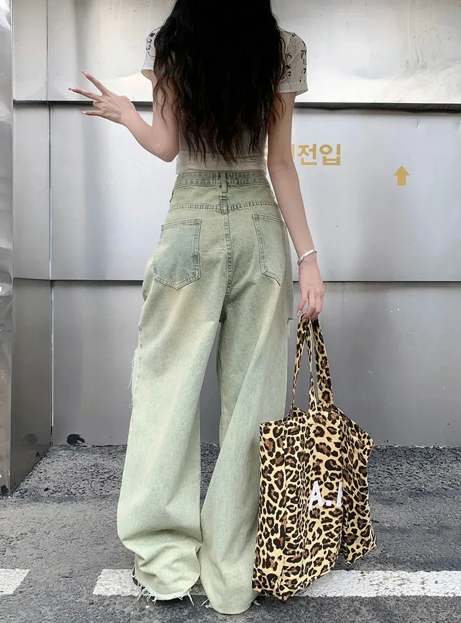 Vintage Washed Women's High Waist Y2k Streetwear Boyfriend Loose Raw Hem Straight Wide-Leg Jeans