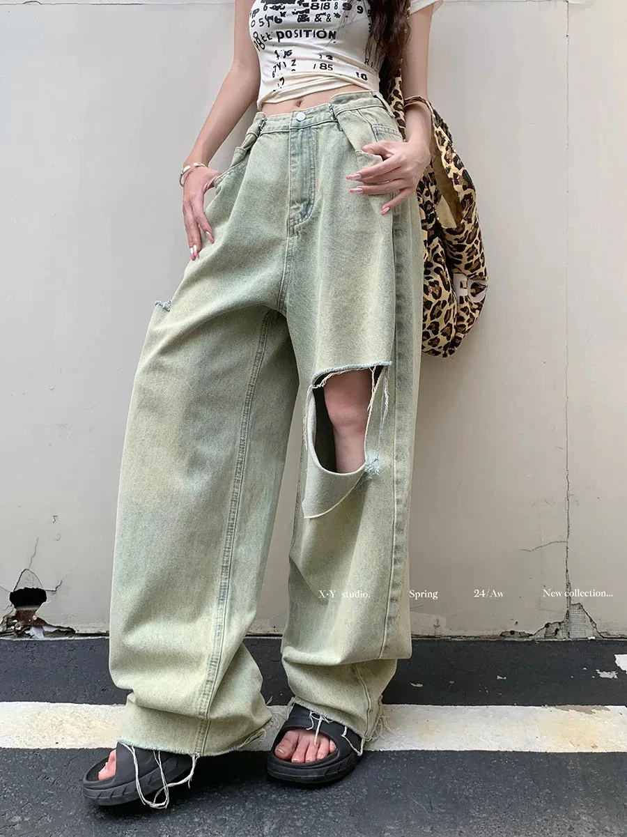 Vintage Washed Women's High Waist Y2k Streetwear Boyfriend Loose Raw Hem Straight Wide-Leg Jeans