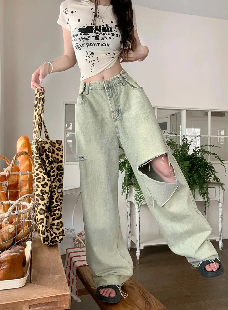 Vintage Washed Women's High Waist Y2k Streetwear Boyfriend Loose Raw Hem Straight Wide-Leg Jeans