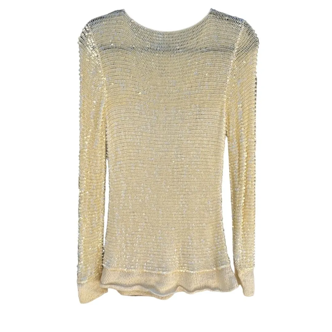 Vintage Women's Scoop Neck Ivory Full Sequin Glam Knit Long Sleeve Sweater