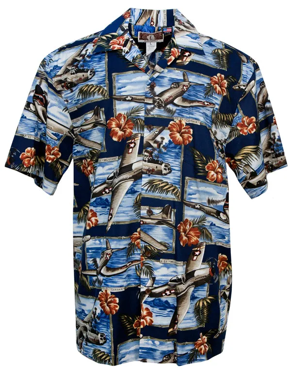 War Planes Hibiscus Mens Military Shirt in Navy