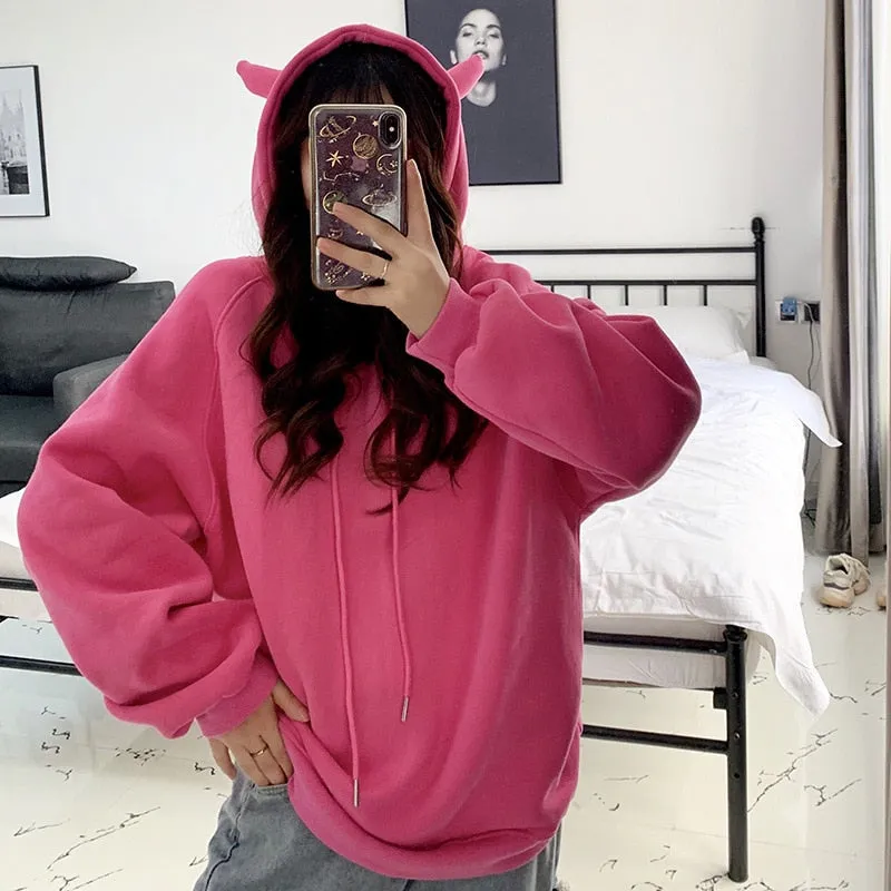 Wenkouban Women Plus Velvet Warm Loose Harajuku Hoodies 2022 Spring Devil Horn Hooded Sweatshirt Female All-Match Cute Pullovers Tops New