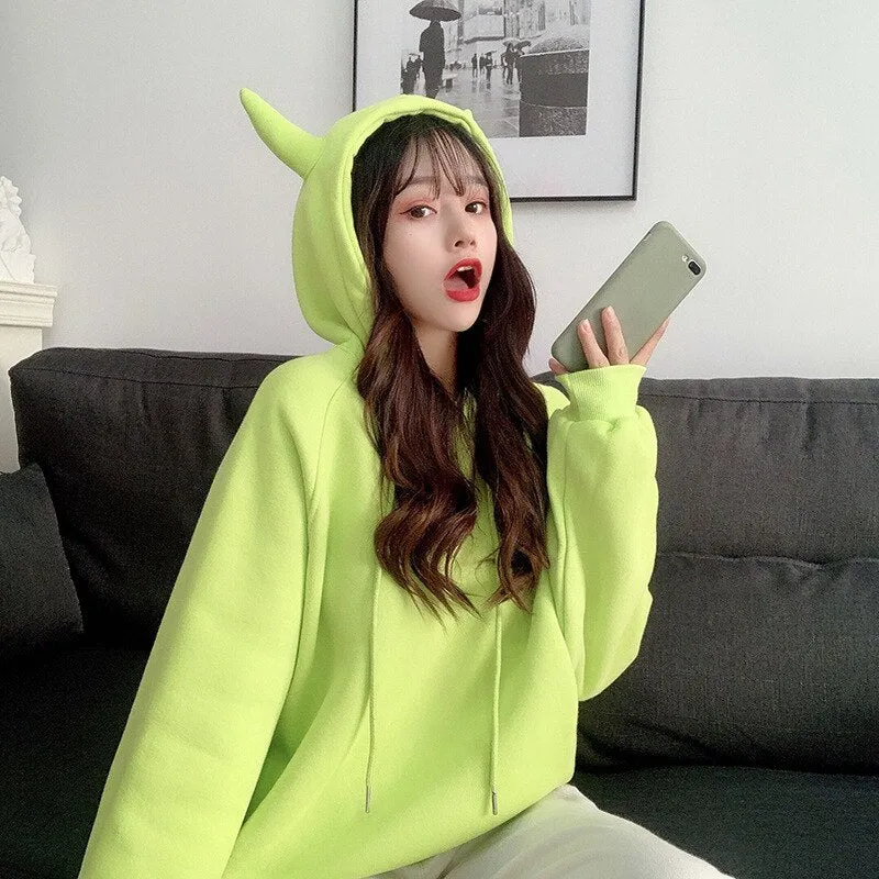 Wenkouban Women Plus Velvet Warm Loose Harajuku Hoodies 2022 Spring Devil Horn Hooded Sweatshirt Female All-Match Cute Pullovers Tops New