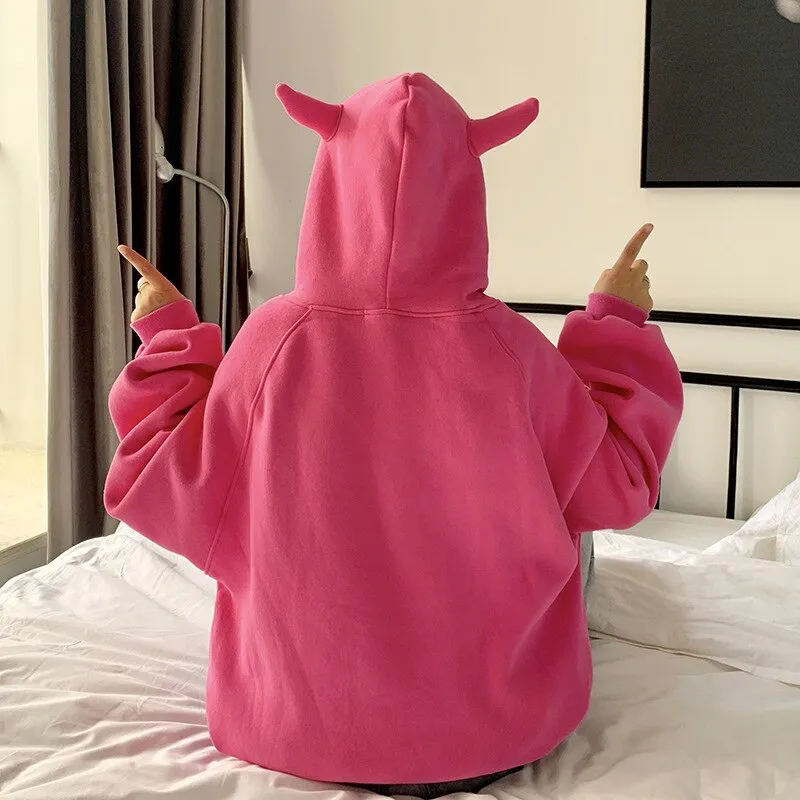 Wenkouban Women Plus Velvet Warm Loose Harajuku Hoodies 2022 Spring Devil Horn Hooded Sweatshirt Female All-Match Cute Pullovers Tops New