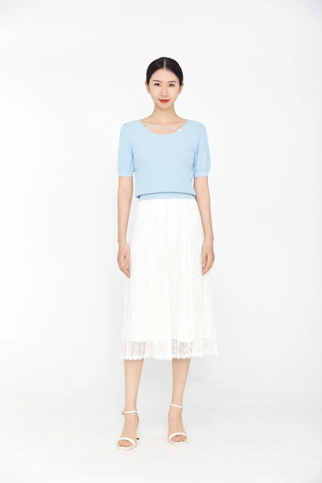 White Lace Pleated Skirt High Waist