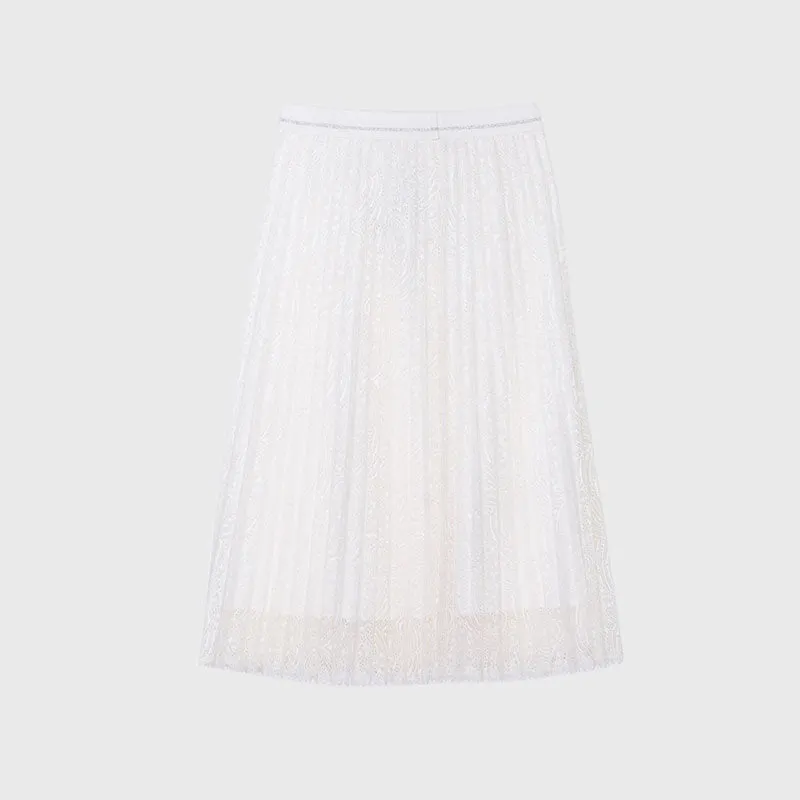 White Lace Pleated Skirt High Waist