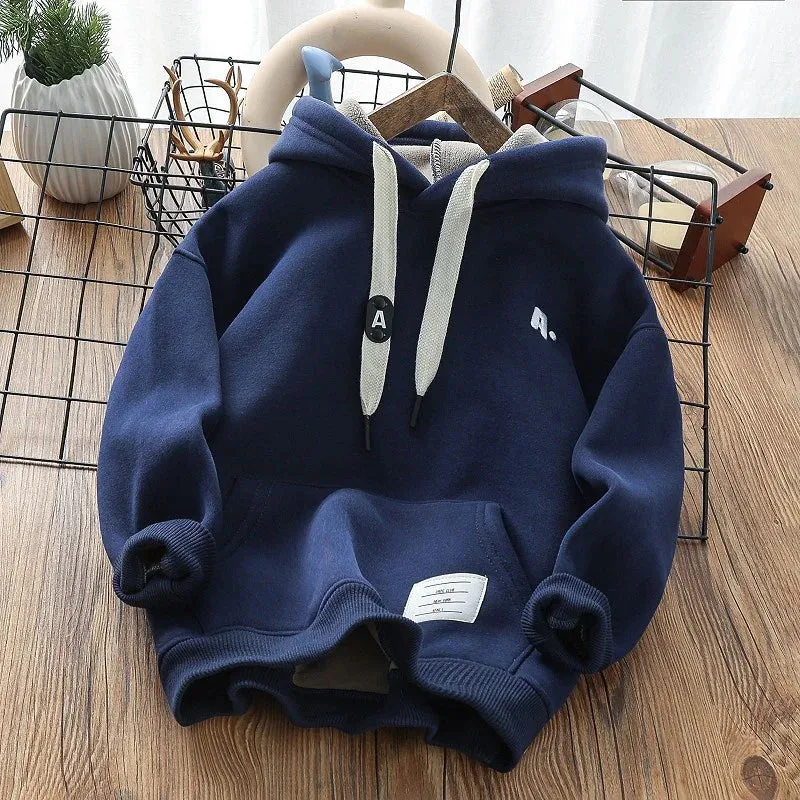 Winter Boys Hooded Sweatshirt Children Warm Thicken Hoodies 2024 New Kids Daily Casual Plus Velvet Coat Teens Fashion Clothing