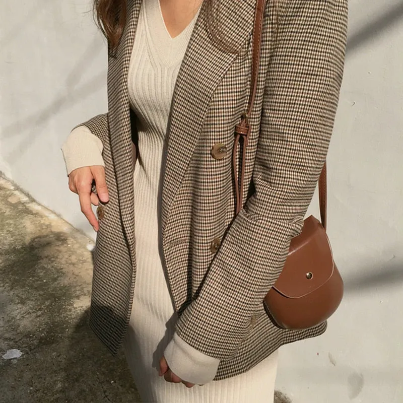 Women Blazer | Double Breasted Coat | Minimal Style Plaid Blazer | Plaid Brown Blazer | Women Office Blazer | Plaid Long Coat | Plaid Jacket