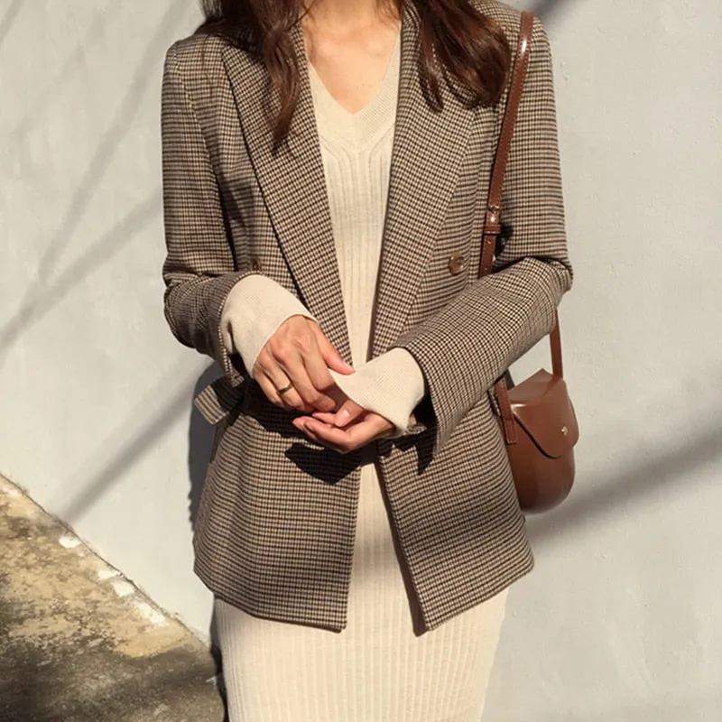 Women Blazer | Double Breasted Coat | Minimal Style Plaid Blazer | Plaid Brown Blazer | Women Office Blazer | Plaid Long Coat | Plaid Jacket