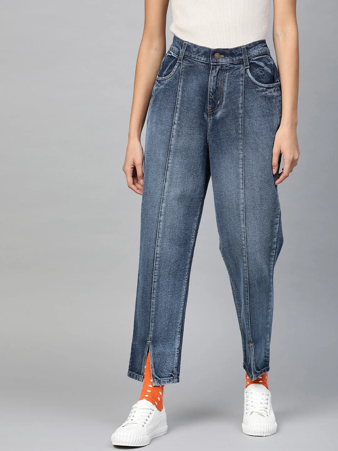 Women Blue High Waist Front Slit Jeans