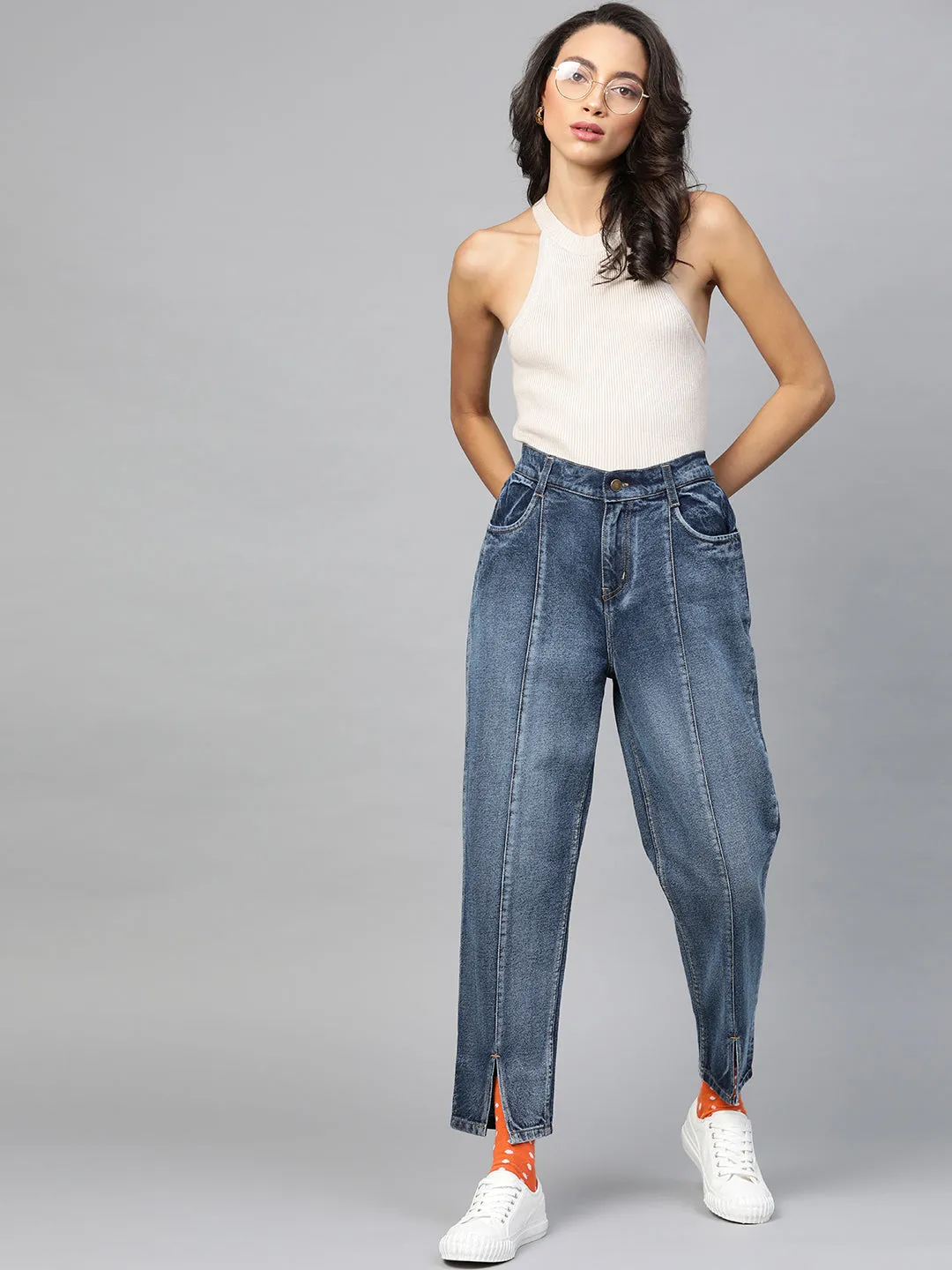 Women Blue High Waist Front Slit Jeans