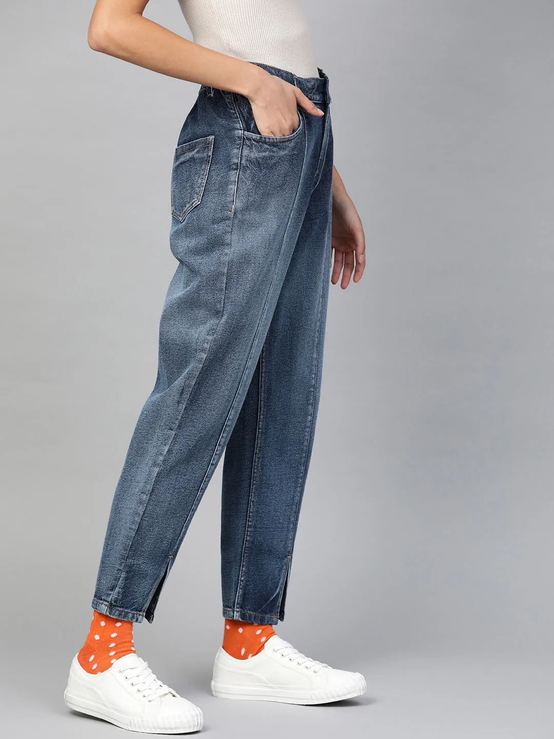 Women Blue High Waist Front Slit Jeans