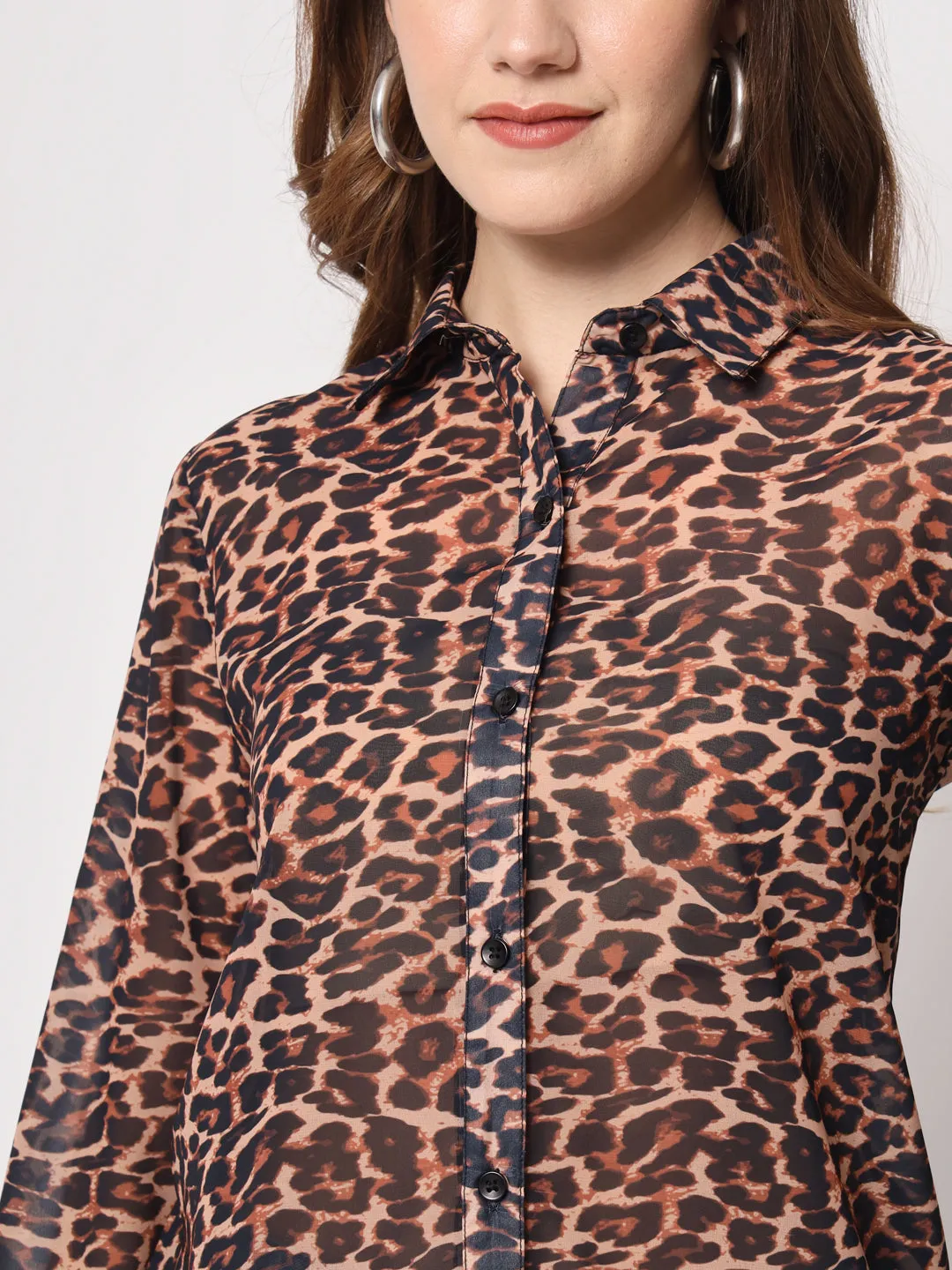 Women Classic Slim Fit Animal Printed Casual Shirt