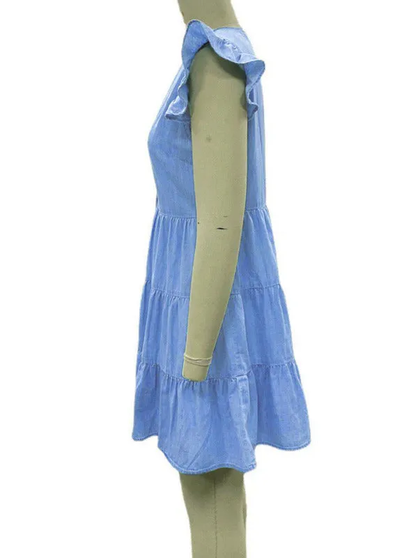 Women's casual fashion V-neck sleeveless A-swing denim skirt