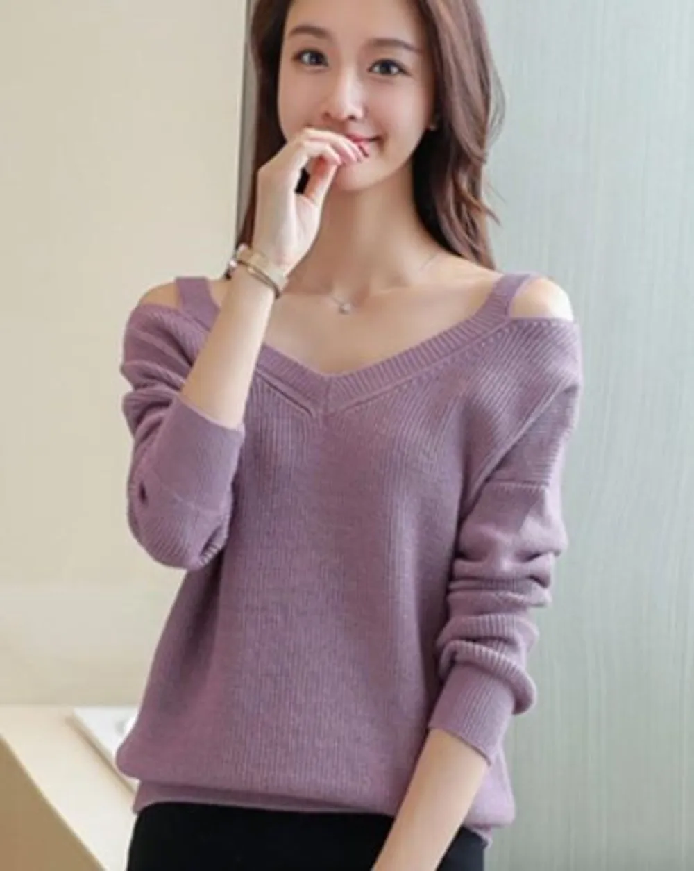 Womens Cut Shoulder V Neck Sweater