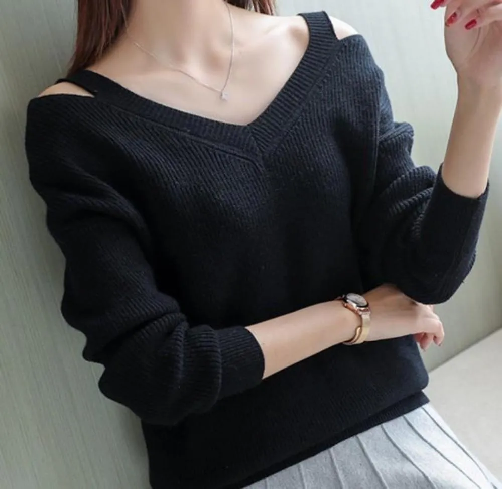 Womens Cut Shoulder V Neck Sweater