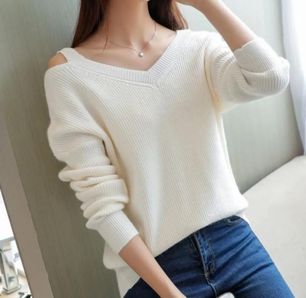 Womens Cut Shoulder V Neck Sweater