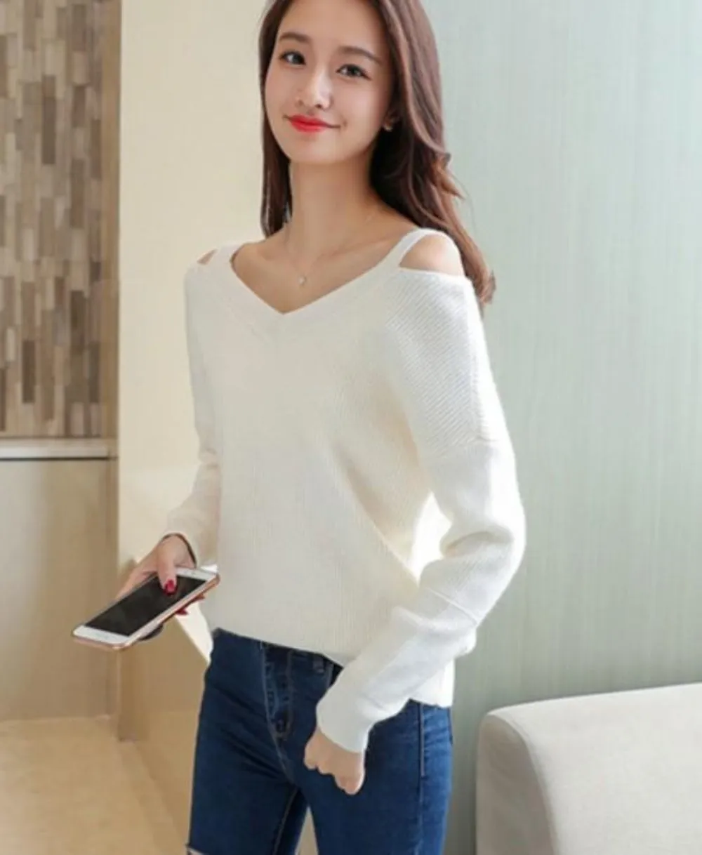 Womens Cut Shoulder V Neck Sweater